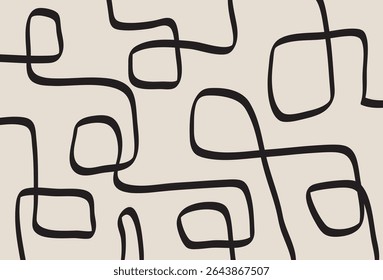  Um padrão perfeito com linhas e formas curvas pretas em um plano de fundo bege claro. O design é abstrato e lembra formas orgânicas.