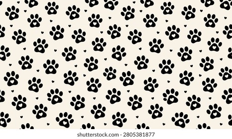 Seamless pattern featuring black dog paw prints with small hearts inside on a light cream background, repeating animal footprint for pet lovers