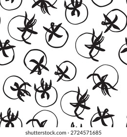 Un patrón sin fisuras con tomates negros dibujados a mano y Formas de estrellas sobre un fondo blanco. El diseño es simple y moderno, adecuado para diversas aplicaciones.