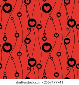 Seamless pattern featuring black hearts and circles on a red background, creating a romantic and stylish design perfect for Valentine's Day, textiles, and gift wrapping