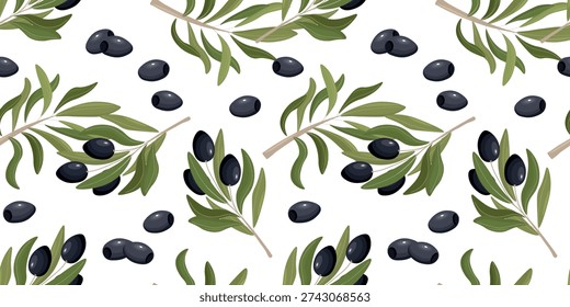 Seamless pattern featuring black olives and olive tree branches with green leaves on a light background, Mediterranean botanical vector illustration.