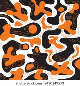 A seamless pattern featuring black and orange stripes of varying thickness on a white background.