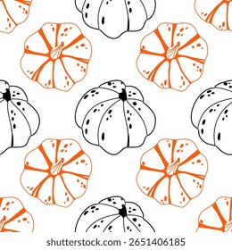 Seamless pattern featuring black and orange line art pumpkins on a white background. For autumn-themed designs, fabric prints, wrapping paper, kitchen textiles, and seasonal decorations.