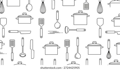 Nahtloses Muster mit schwarzen Umrisszeichnungen von verschiedenen Küchenutensilien Töpfe Pfannen und Besteck zum Kochen und Café-Dekor.