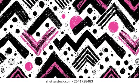 Seamless pattern featuring black and pink brush strokes forming zigzag lines and dots on a white background. The style is bold and graphic with a textured effect.