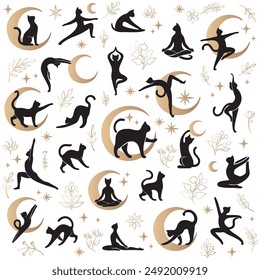 A seamless pattern featuring black silhouettes of cats in various yoga poses, combined with gold crescent moons, stars, and botanical elements on a white background. 