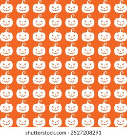 Um padrão perfeito com silhuetas pretas de abóboras de Halloween esculpidas com expressões ameaçadoras, perfeito para desenhos sazonais ou temáticos assustadores.