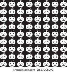 Um padrão perfeito com silhuetas pretas de abóboras de Halloween esculpidas com expressões ameaçadoras, perfeito para desenhos sazonais ou temáticos assustadores.