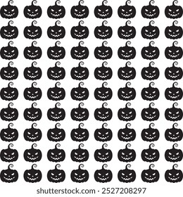 Um padrão perfeito com silhuetas pretas de abóboras de Halloween esculpidas com expressões ameaçadoras, perfeito para desenhos sazonais ou temáticos assustadores.