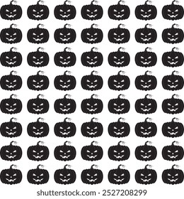 Um padrão perfeito com silhuetas pretas de abóboras de Halloween esculpidas com expressões ameaçadoras, perfeito para desenhos sazonais ou temáticos assustadores.