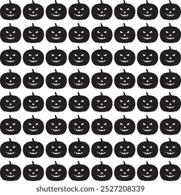 Um padrão perfeito com silhuetas pretas de abóboras de Halloween esculpidas com expressões ameaçadoras, perfeito para desenhos sazonais ou temáticos assustadores.