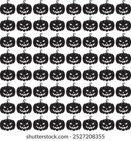 Um padrão perfeito com silhuetas pretas de abóboras de Halloween esculpidas com expressões ameaçadoras, perfeito para desenhos sazonais ou temáticos assustadores.