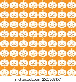 Um padrão perfeito com silhuetas pretas de abóboras de Halloween esculpidas com expressões ameaçadoras, perfeito para desenhos sazonais ou temáticos assustadores.