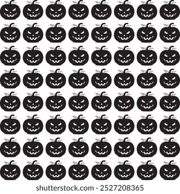 Um padrão perfeito com silhuetas pretas de abóboras de Halloween esculpidas com expressões ameaçadoras, perfeito para desenhos sazonais ou temáticos assustadores.