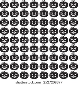 Um padrão perfeito com silhuetas pretas de abóboras de Halloween esculpidas com expressões ameaçadoras, perfeito para desenhos sazonais ou temáticos assustadores.