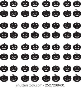 Um padrão perfeito com silhuetas pretas de abóboras de Halloween esculpidas com expressões ameaçadoras, perfeito para desenhos sazonais ou temáticos assustadores.