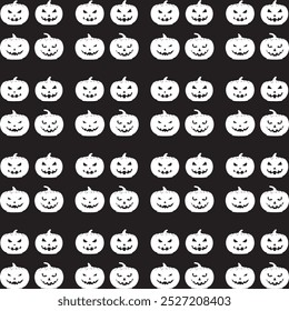 Um padrão perfeito com silhuetas pretas de abóboras de Halloween esculpidas com expressões ameaçadoras, perfeito para desenhos sazonais ou temáticos assustadores.