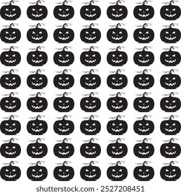 Um padrão perfeito com silhuetas pretas de abóboras de Halloween esculpidas com expressões ameaçadoras, perfeito para desenhos sazonais ou temáticos assustadores.