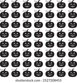 Um padrão perfeito com silhuetas pretas de abóboras de Halloween esculpidas com expressões ameaçadoras, perfeito para desenhos sazonais ou temáticos assustadores.