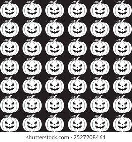 Um padrão perfeito com silhuetas pretas de abóboras de Halloween esculpidas com expressões ameaçadoras, perfeito para desenhos sazonais ou temáticos assustadores.