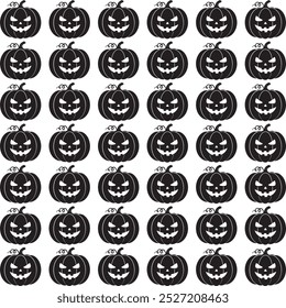 Um padrão perfeito com silhuetas pretas de abóboras de Halloween esculpidas com expressões ameaçadoras, perfeito para desenhos sazonais ou temáticos assustadores.