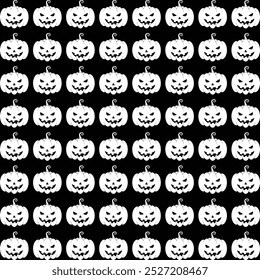 A seamless pattern featuring black silhouettes of carved Halloween pumpkins with menacing expressions, perfect for seasonal or spooky-themed designs.