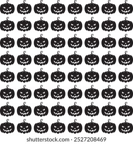 Um padrão perfeito com silhuetas pretas de abóboras de Halloween esculpidas com expressões ameaçadoras, perfeito para desenhos sazonais ou temáticos assustadores.