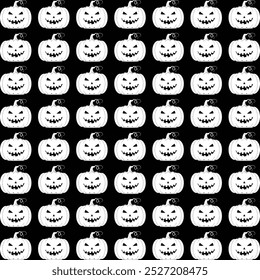 Um padrão perfeito com silhuetas pretas de abóboras de Halloween esculpidas com expressões ameaçadoras, perfeito para desenhos sazonais ou temáticos assustadores.