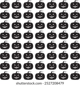 Um padrão perfeito com silhuetas pretas de abóboras de Halloween esculpidas com expressões ameaçadoras, perfeito para desenhos sazonais ou temáticos assustadores.