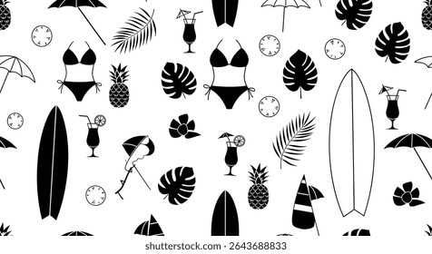 Seamless pattern featuring black silhouettes of summer elements: surfboards, cocktails, swimwear, pineapples, tropical leaves, umbrellas, clocks, and sailboats.