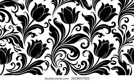 Seamless pattern featuring black and white vintage floral motifs with elegant tulips and swirling decorative leaves