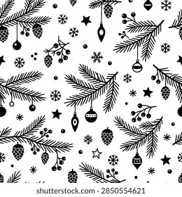 Seamless pattern featuring black and white Christmas illustrations including fir branches, hanging ornaments, pinecones, berries, stars, and snowflakes.