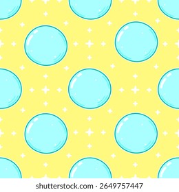 A seamless pattern featuring blue bubbles and white star shapes on a yellow background, ideal for various design applications.