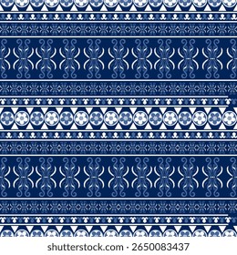 A seamless pattern featuring blue floral and wave motifs with oriental influences, ideal for textiles like home decor, fashion, and accessories