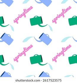 Seamless pattern featuring blue and green watering cans, water splashes, and pink - Springtime - text on white background. Perfect for spring and gardening designs, wallpaper, wrapping and gift paper.