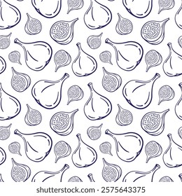 Seamless Pattern Featuring Blue Line Drawings of Fresh Figs on White Background