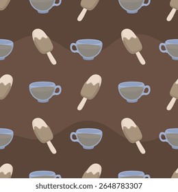 Seamless pattern featuring blue mugs of hot chocolate and ice cream popsicles on a rich brown background