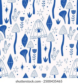 Seamless pattern featuring blue mushrooms, flowers, geometric shapes, and stars on a light background. Perfect for textiles, wallpapers, and creative designs