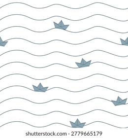 Seamless pattern featuring blue paper boats and ocean waves in a minimal hand drawn vector style.