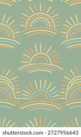 Um padrão perfeito com sóis de estilo boêmio com arcos e raios arco-íris em um fundo verde sábio, perfeito para tecido, papel de parede ou designs digitais.