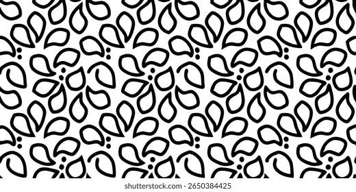 Um padrão perfeito com contornos pretos arrojados de formas de paisley estilizadas e pequenos pontos dispostos em um design floral repetitivo em um fundo branco.