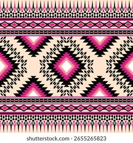 Um padrão sem costura com motivos tribais geométricos arrojados em preto rosa e cores creme dispostos simetricamente
