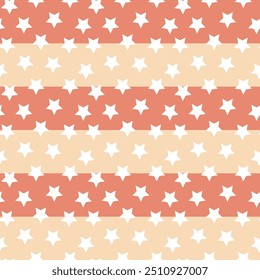 Un patrón sin costuras con rayas rojas y beige con estrellas blancas, evocando un estilo vintage Americana. Perfecto para diseños festivos, decoración del hogar, Fondos de pantalla y proyectos temáticos de vacaciones.