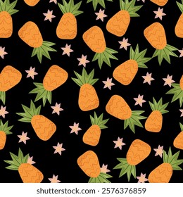 Seamless pattern featuring bright orange pineapples and pink flowers on a black background. Perfect for tropical-themed designs, textiles, packaging, and vibrant decorations, optimized for top search