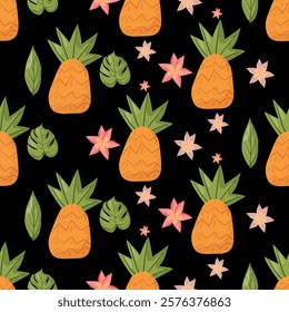 Seamless pattern featuring bright orange pineapples and pink flowers on a black background. Perfect for tropical-themed designs, textiles, packaging, and vibrant decorations, optimized for top search