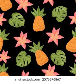 Seamless pattern featuring bright orange pineapples and pink flowers on a black background. Perfect for tropical-themed designs, textiles, packaging, and vibrant decorations, optimized for top search