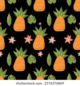 Seamless pattern featuring bright orange pineapples and pink flowers on a black background. Perfect for tropical-themed designs, textiles, packaging, and vibrant decorations, optimized for top search