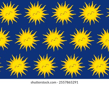 Seamless pattern featuring bright yellow smiling suns on a dark blue background. Simple, cartoon-like shapes of suns with rays create a playful and cheerful design. Joyful ambiance, new beginning.