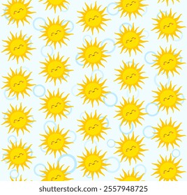 Seamless pattern featuring bright yellow smiling suns against a soft light blue background. Simple cartoon-like shapes of suns rays create a cheerful and playful design. Light hearted vibes motifs.