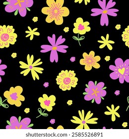 seamless pattern featuring bright yellow and pink flowers with green leaves on a black background, creating a vibrant and cheerful design perfect for spring and summer themes